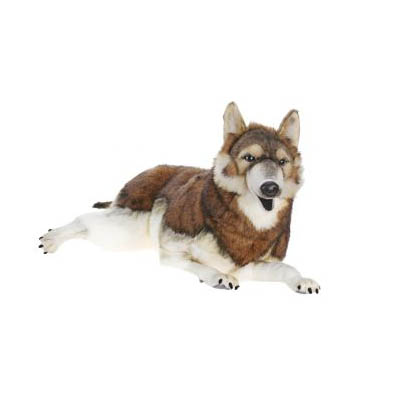 Life-size and realistic plush animals.  5510 - WOLF TIMBER  LAYING 39''L