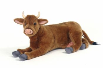 Life-size and realistic plush animals.  5550 - BROWN COW LAYING 17"L(SP)